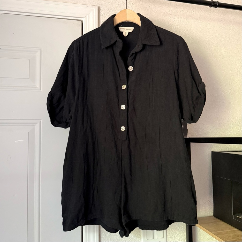 MAURIE + EVE black organic‎ cotton shell button up short sleeve romper